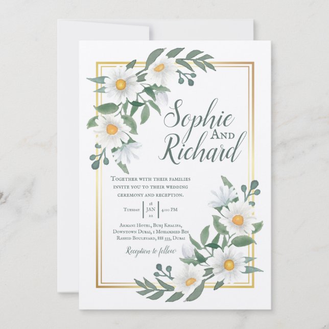 Daisies White Floral Gold Wedding Invitation (Front)