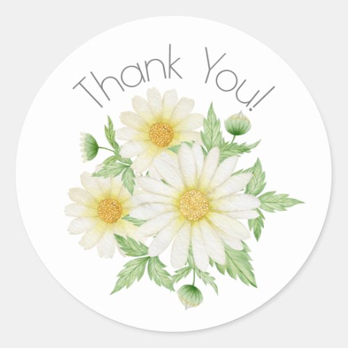 Daisies White Floral Theme Thank You Classic Round Sticker