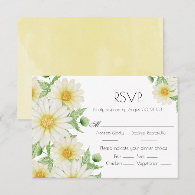 Daisies White Watercolor Floral Script Wedding RSVP Card (Front/Back)