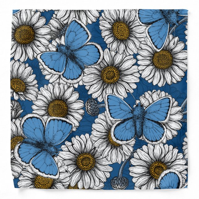 Daisies, white wild flowers and blue butterflies bandana (Front)