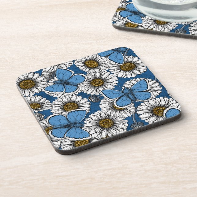 Daisies, white wild flowers and blue butterflies beverage coaster (Left Side)