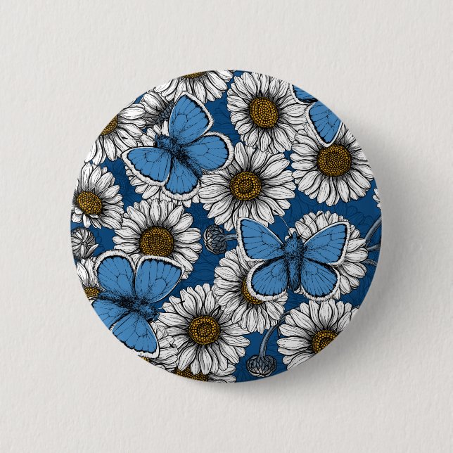 Daisies, white wild flowers and blue butterflies button (Front)