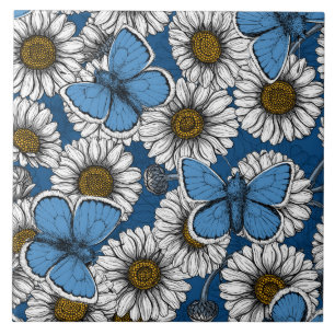 Daisies, white wild flowers and blue butterflies ceramic tile
