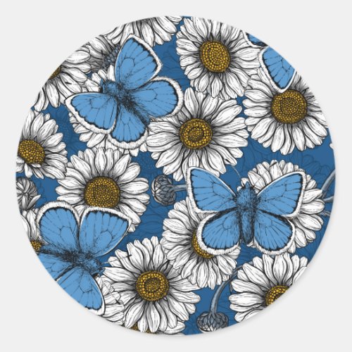 Daisies white wild flowers and blue butterflies classic round sticker