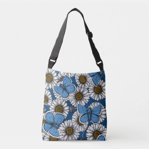 Daisies white wild flowers and blue butterflies crossbody bag