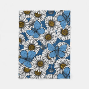 Daisies, white wild flowers and blue butterflies fleece blanket