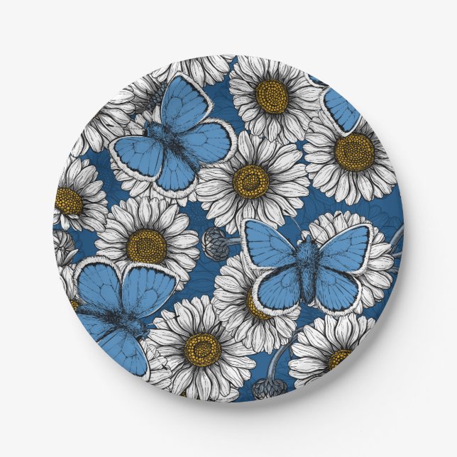 Daisies, white wild flowers and blue butterflies paper plates (Front)