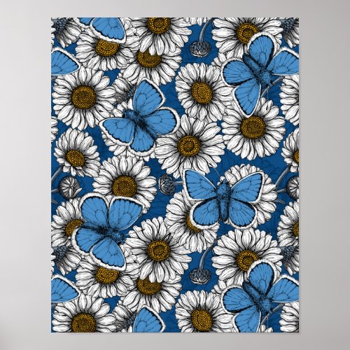 Daisies white wild flowers and blue butterflies poster