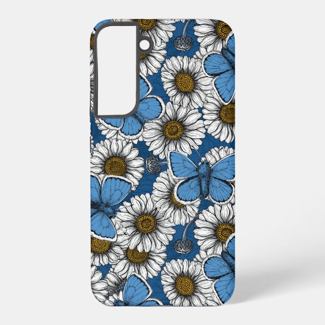 Daisies, white wild flowers and blue butterflies samsung galaxy case (Back)