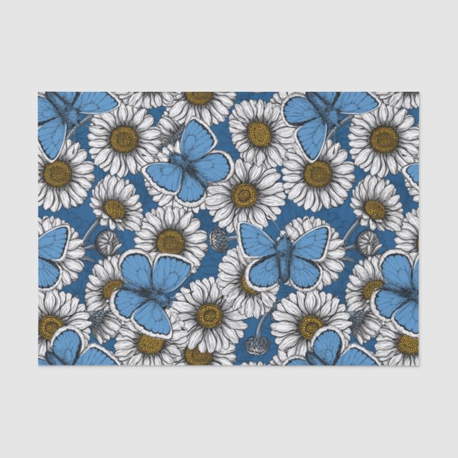 Daisies, white wild flowers and blue butterflies tissue paper (Front)