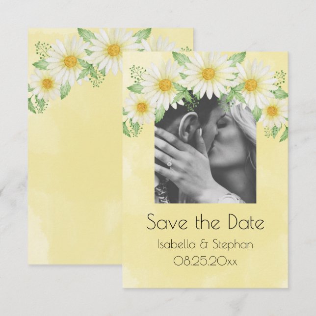 Daisies White Yellow Floral Photo Save the Date (Front/Back)