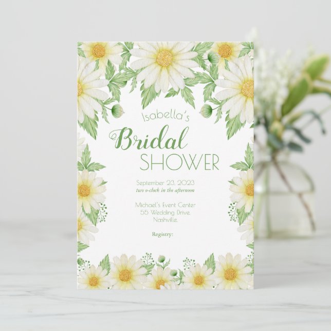 Daisies White Yellow Floral Script Bridal Shower I Invitation (Standing Front)