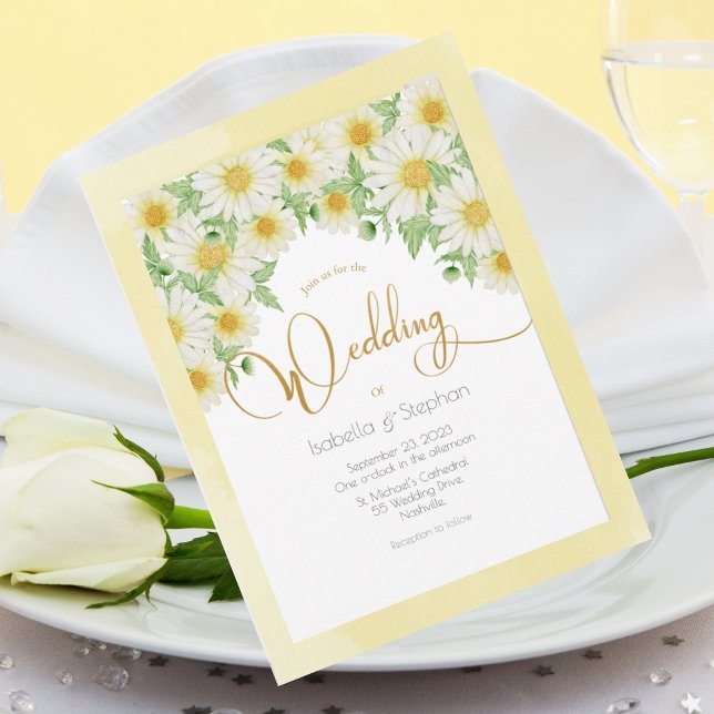 Daisies White Yellow Floral Script Wedding Invitat Invitation (Creator Uploaded)