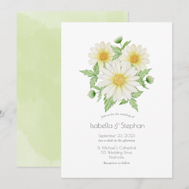 Daisies White Yellow Floral Script Wedding Invitat Invitation (Front/Back)