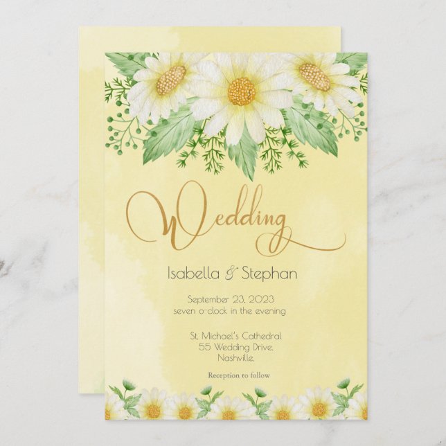 Daisies White Yellow Floral Script Wedding Invitation (Front/Back)