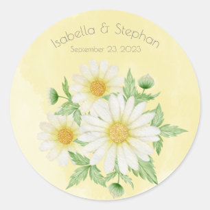 Daisies White Yellow Floral Typography Classic Round Sticker