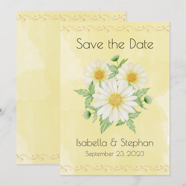 Daisies White Yellow Floral Typography Save The Date (Front/Back)