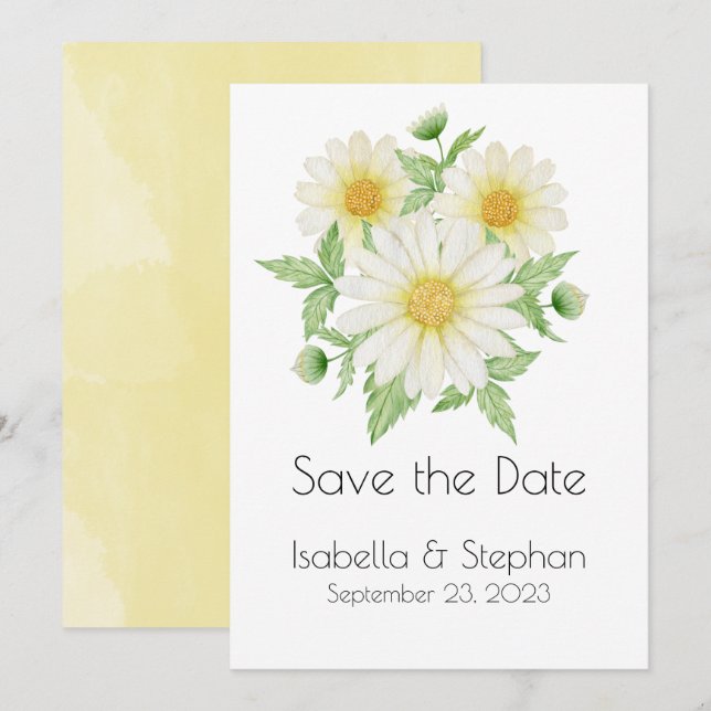 Daisies White Yellow Floral Typography Save The Date (Front/Back)
