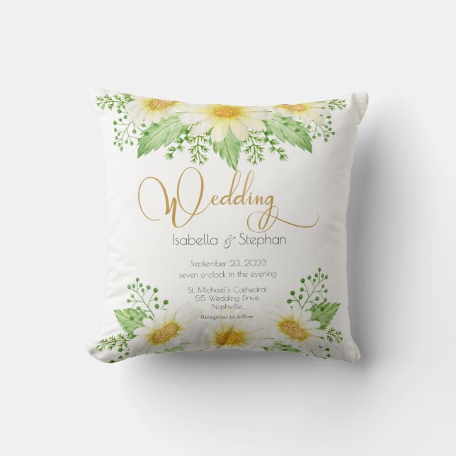 Daisies White Yellow Floral Wedding Throw Pillow (Front)