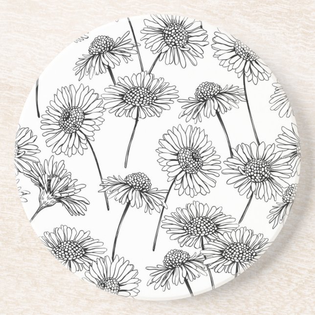 Daisies, wild flowers in black and white sandstone coaster (Front)