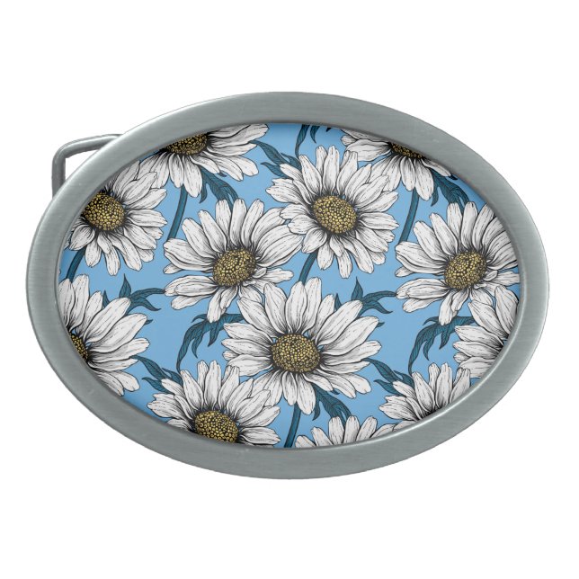 Daisies, wild flowers on blue belt buckle (Front)