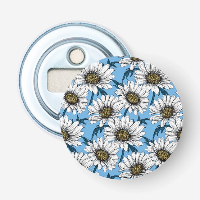 Daisies, wild flowers on blue bottle opener (Front)