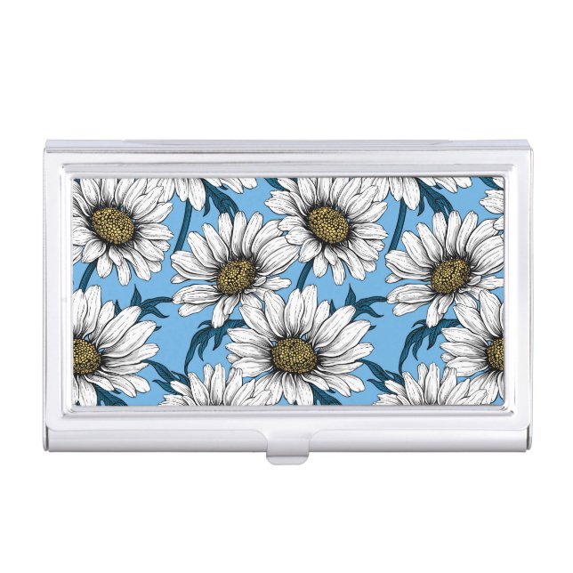 Daisies, wild flowers on blue business card case (Front)