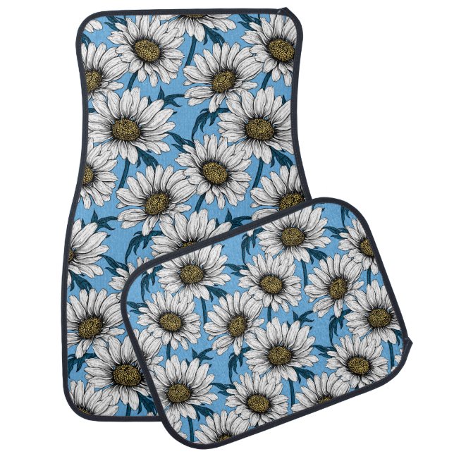Daisies, wild flowers on blue car floor mat (Set)