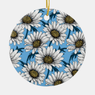 Daisies, wild flowers on blue ceramic ornament