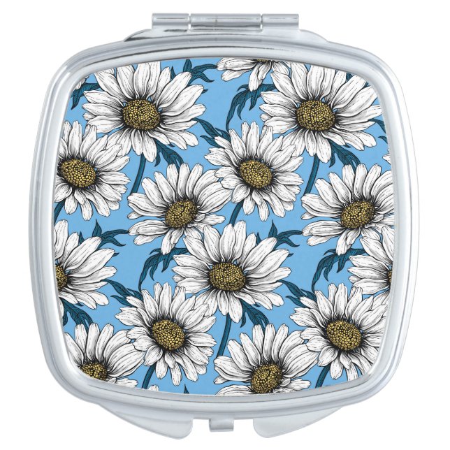 Daisies, wild flowers on blue compact mirror (Front)