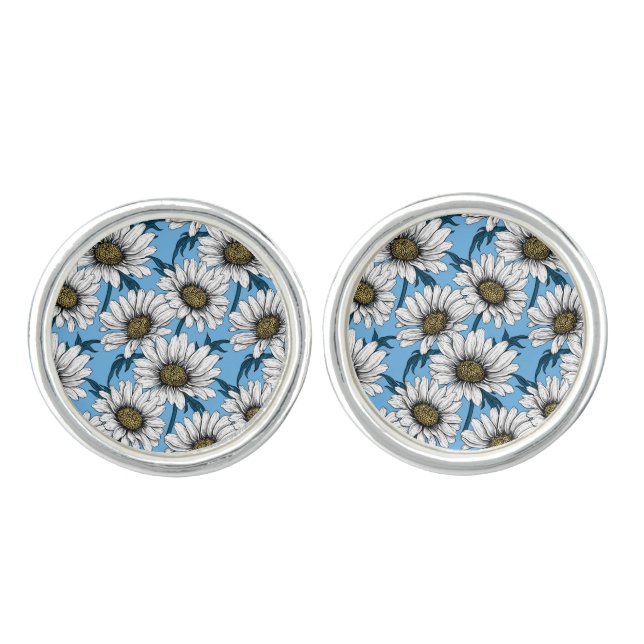 Daisies, wild flowers on blue cufflinks (Front)