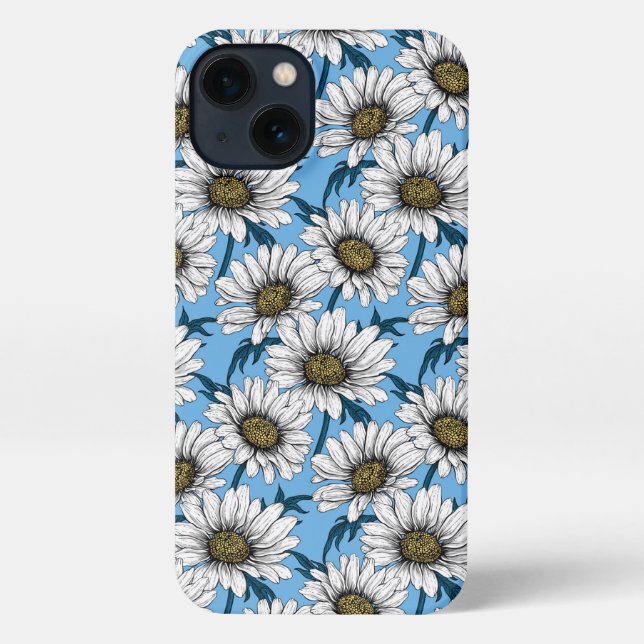 Daisies, wild flowers on blue iPhone case (Back)