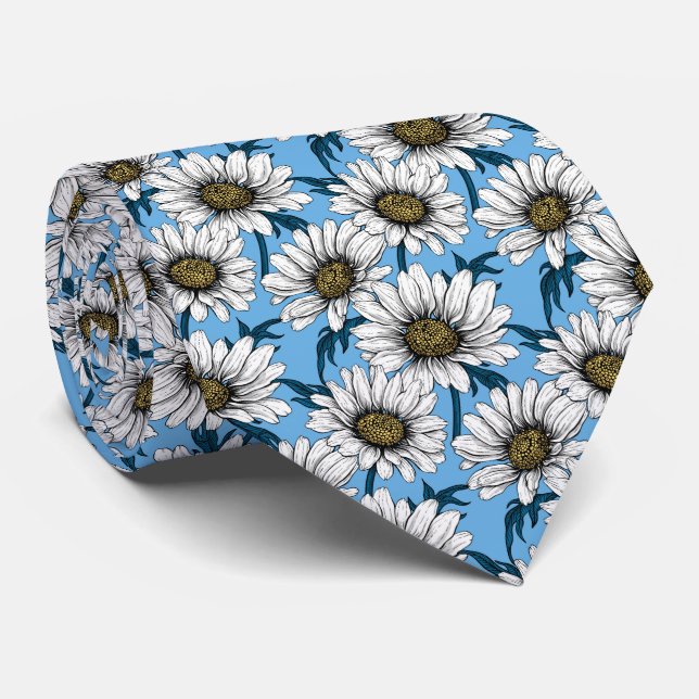 Daisies, wild flowers on blue neck tie (Rolled)