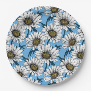 Daisies, wild flowers on blue paper plates