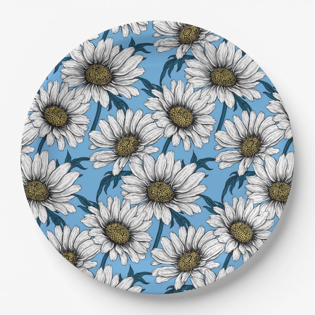 Daisies, wild flowers on blue paper plates (Front)