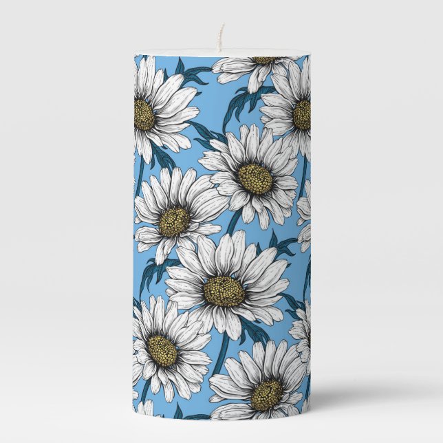 Daisies, wild flowers on blue pillar candle (Front)