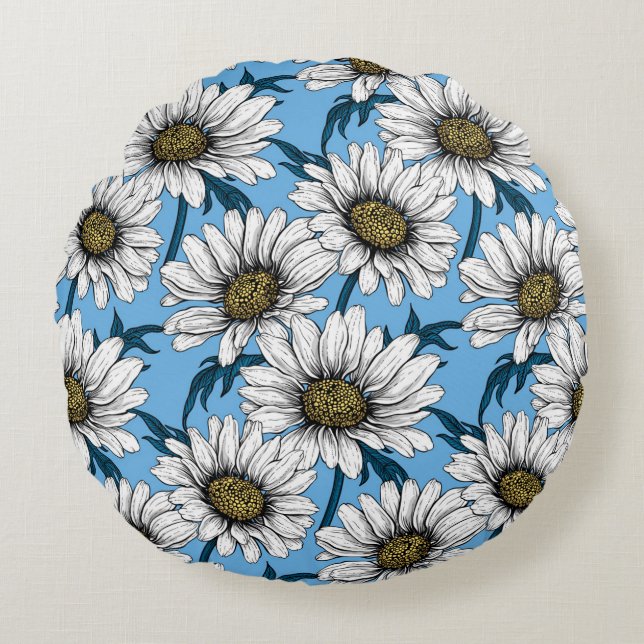 Daisies, wild flowers on blue round pillow (Front)