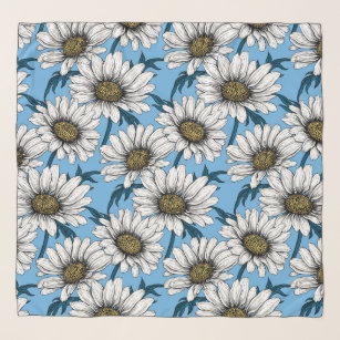 Daisies, wild flowers on blue scarf