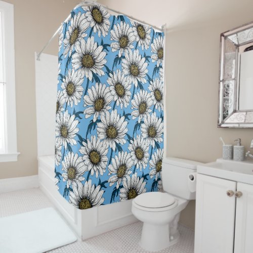 Daisies wild flowers on blue shower curtain