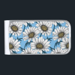 Daisies, wild flowers on blue silver finish money clip<br><div class="desc">Hand drawn vector pattern with white daisy flowers</div>