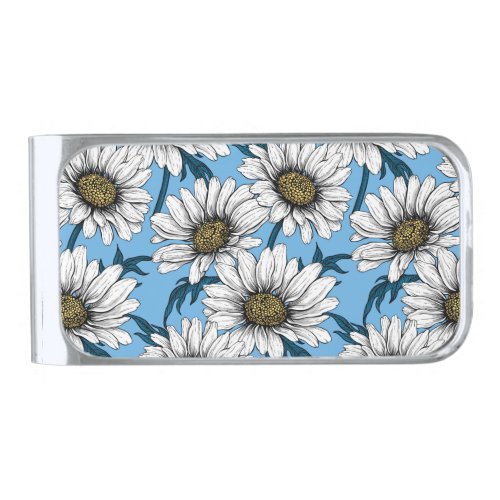 Daisies wild flowers on blue silver finish money clip