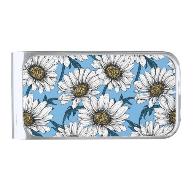 Daisies, wild flowers on blue silver finish money clip (Front)
