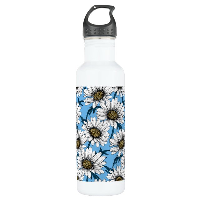 Daisies, wild flowers on blue stainless steel water bottle (Front)