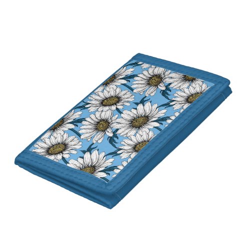 Daisies wild flowers on blue trifold wallet