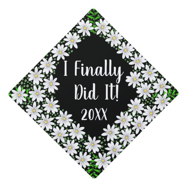 Daisies with Greenery Plant Leaves  Graduation Cap Topper (Front)
