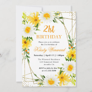 Daisies & Yellow Flowers Gold Frame 21st Birthday Invitation