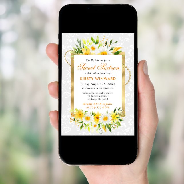Daisies & Yellow Summer Flowers Gold Foil Sweet 16 Invitation (Front Digital)