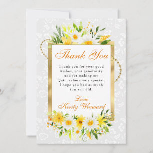 Daisies & Yellow Summer Flowers Gold Quinceanera Thank You Card