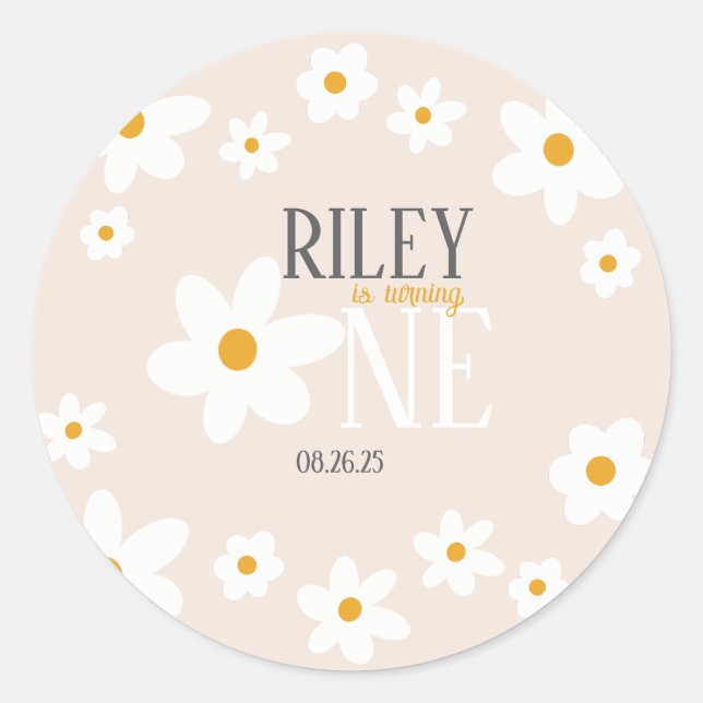 Daisy 1st Birthday Invitation Classic Round Sticker (Front)
