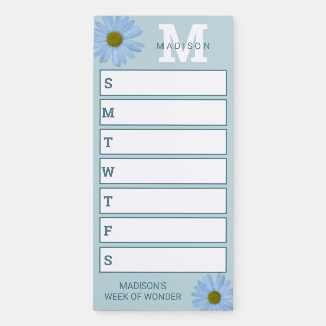 Daisy 2 Monogram Chic Pastel Blue Funny Weekly Magnetic Notepad (Front)